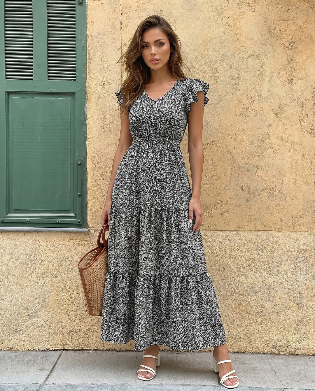 SOLACE  Black Floral Print V-Neck Ruffle Sleeve Tiered Maxi Dress 