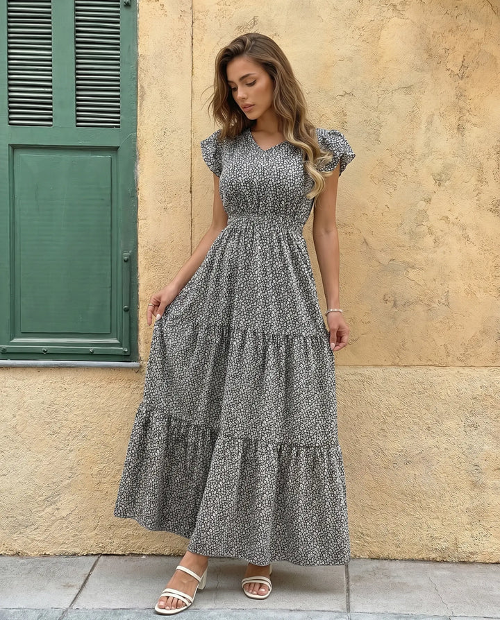 SOLACE  Black Floral Print V-Neck Ruffle Sleeve Tiered Maxi Dress 