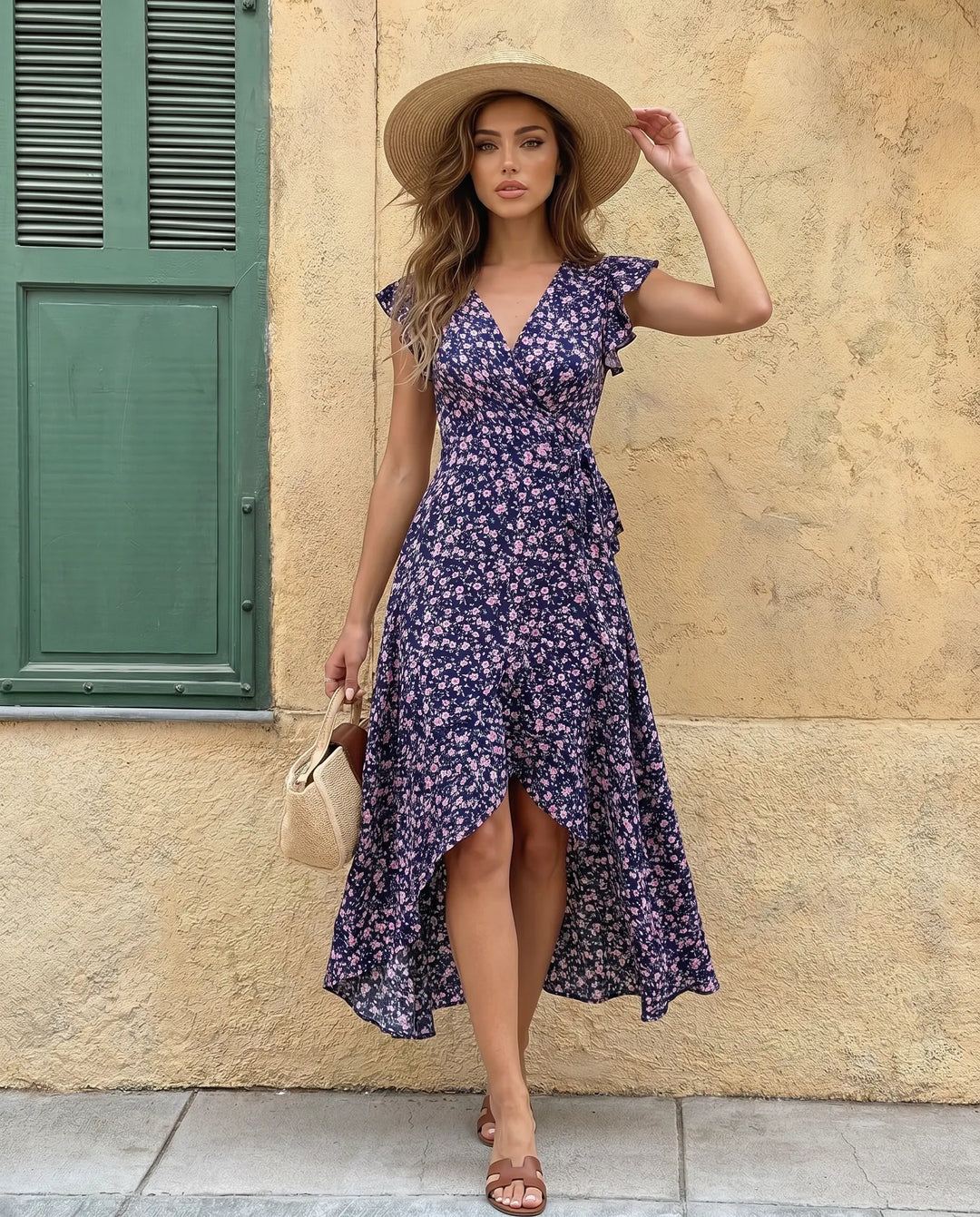 SOLACE  Floral Print Wrap V-Neck Ruffle Sleeve Asymmetric Hem Maxi Dress 