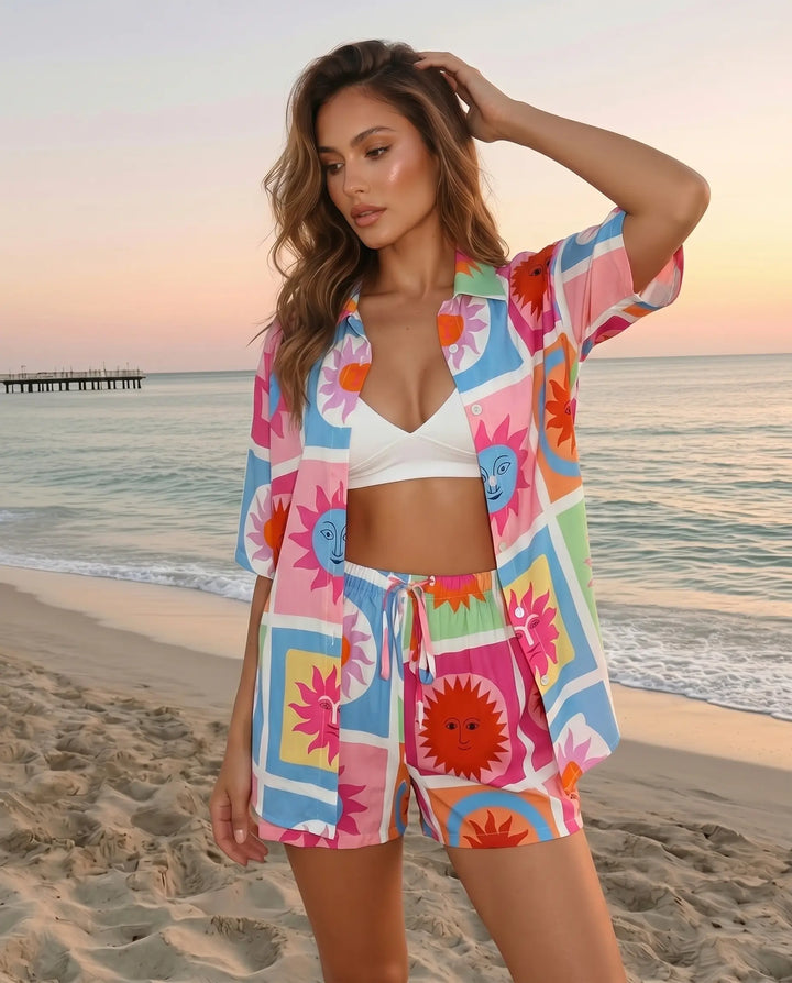 SOLACE  Multicolor Sun Print Button Down Shirt Shorts Set 
