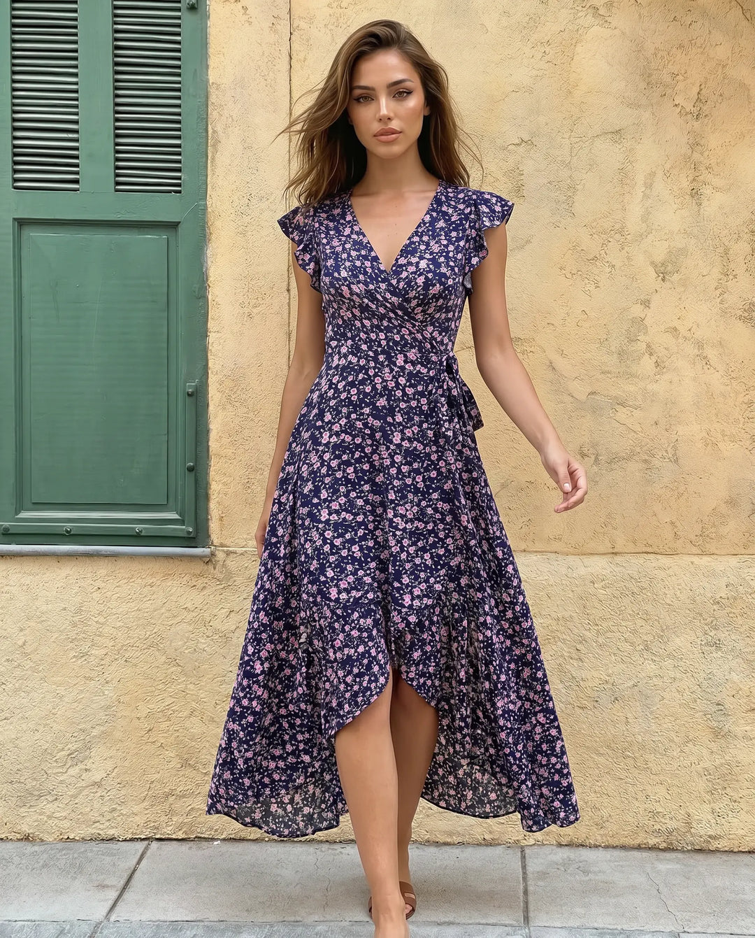 SOLACE  Floral Print Wrap V-Neck Ruffle Sleeve Asymmetric Hem Maxi Dress 