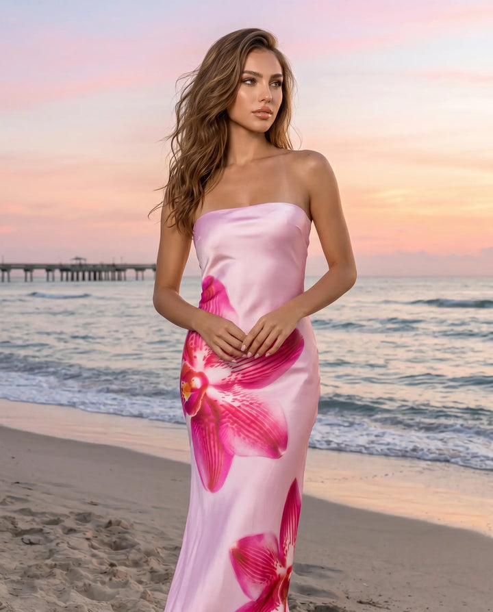 SOLACE  Pink Orchid Print Strapless Satin Maxi Dress 
