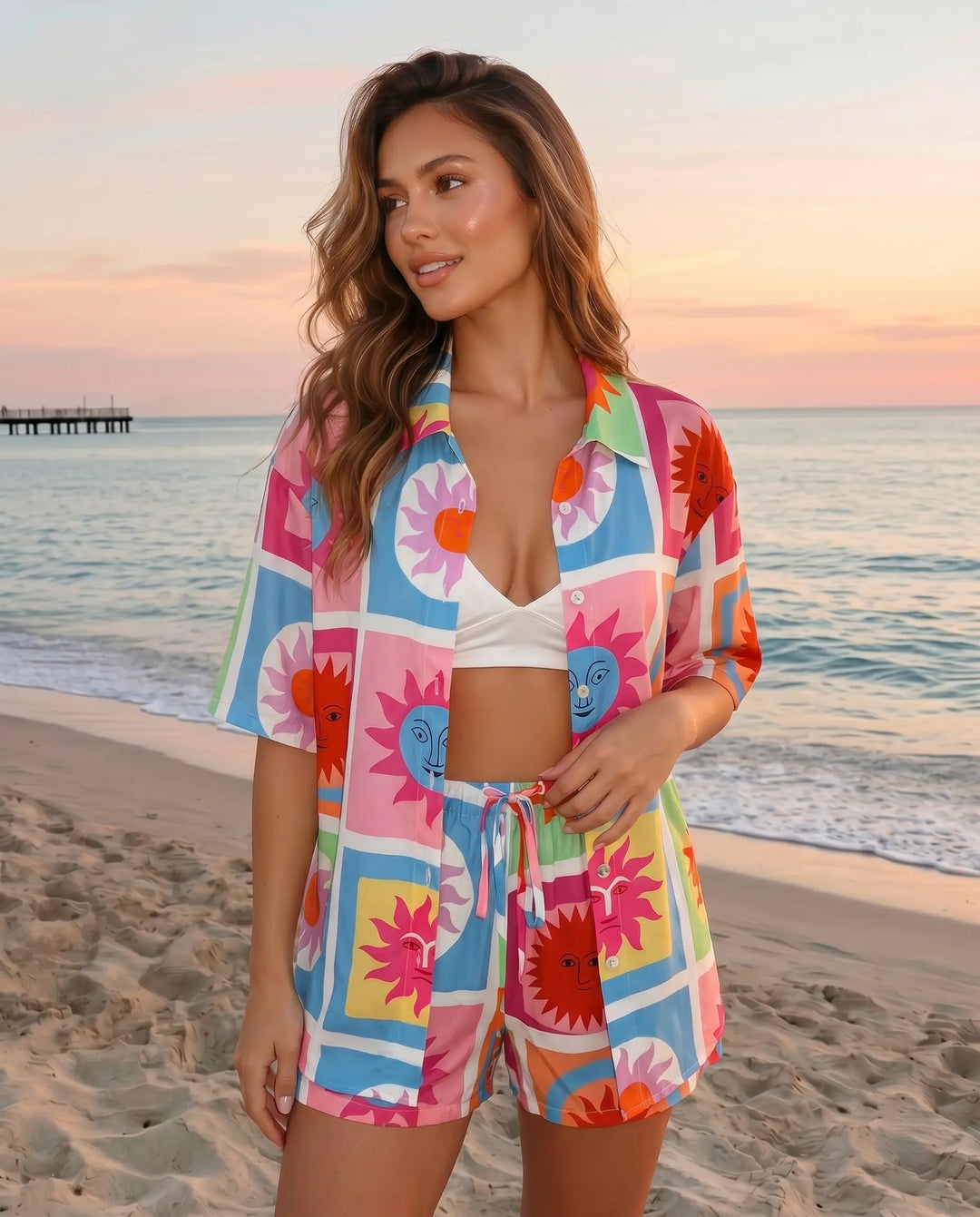 SOLACE  Multicolor Sun Print Button Down Shirt Shorts Set 