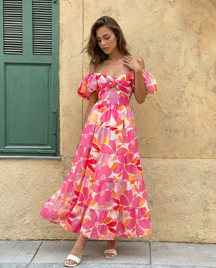 SOLACE  Floral Print Off Shoulder Puff Sleeve Cutout Tiered Maxi Dress 