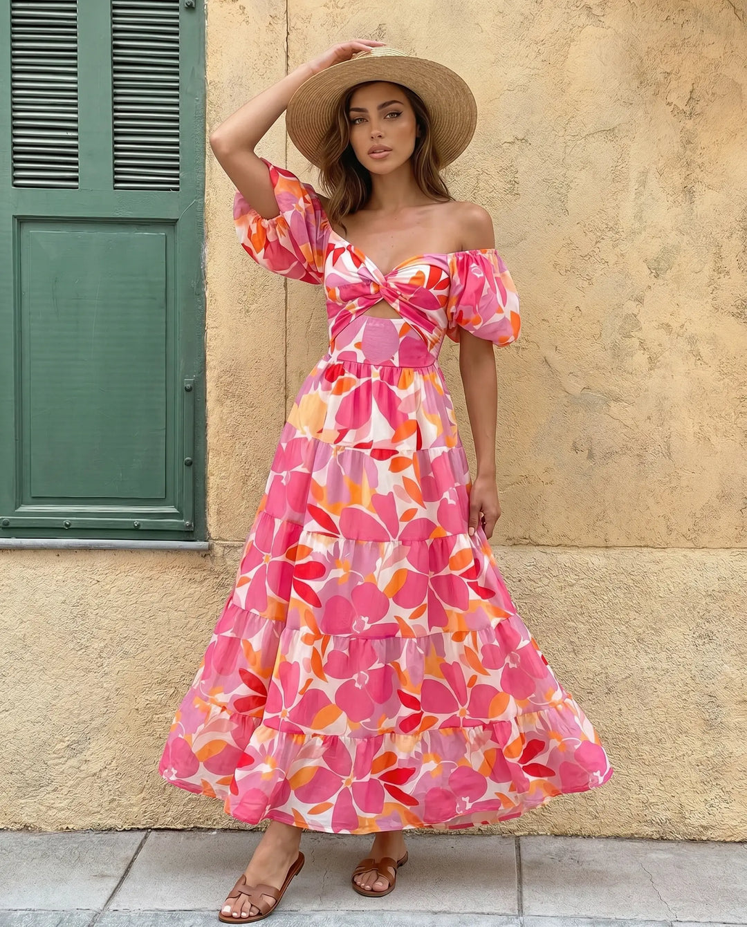 SOLACE  Floral Print Off Shoulder Puff Sleeve Cutout Tiered Maxi Dress 