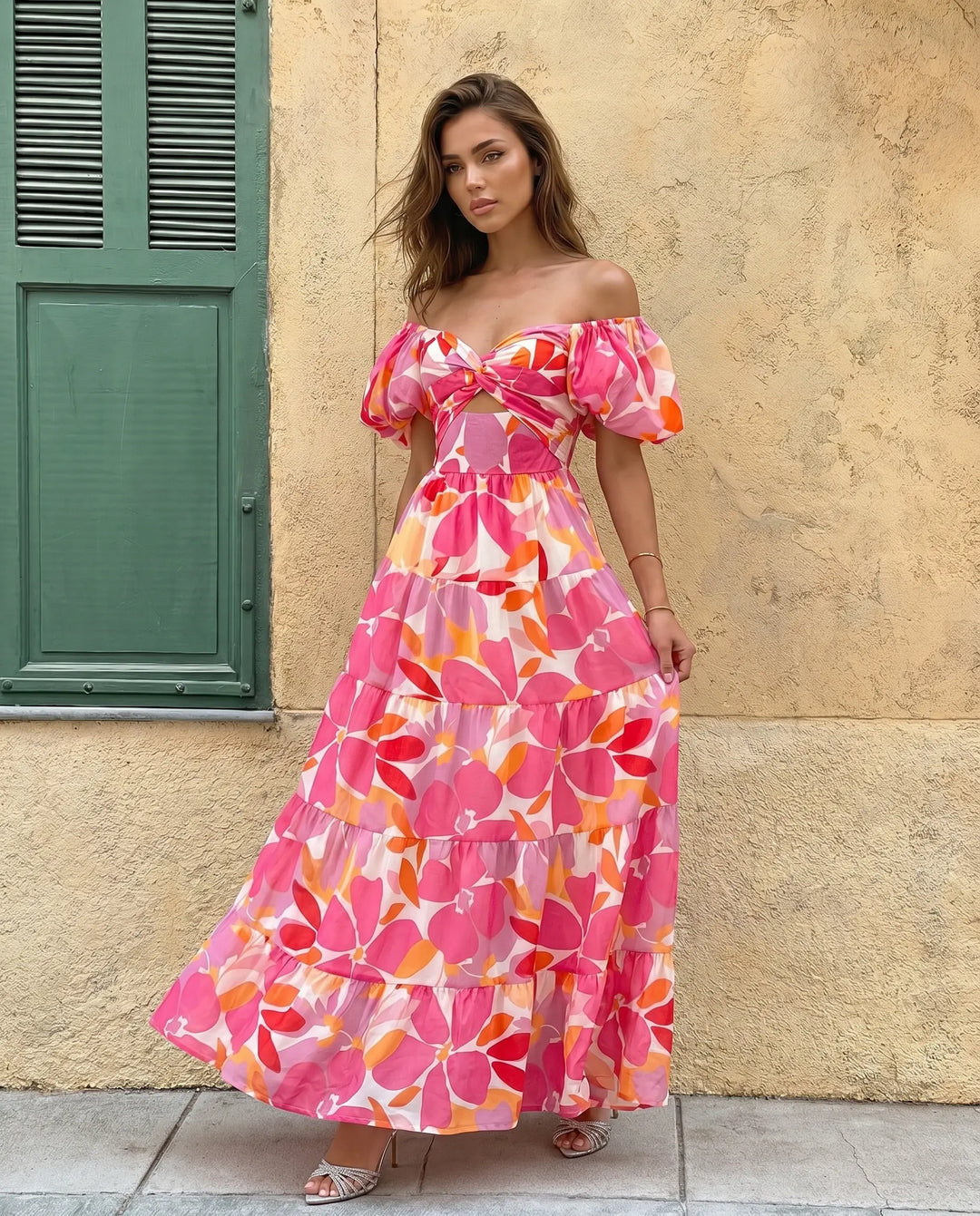 SOLACE  Floral Print Off Shoulder Puff Sleeve Cutout Tiered Maxi Dress 