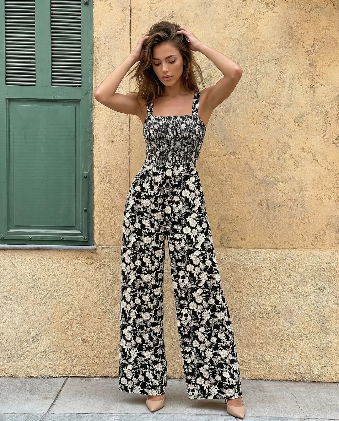 SOLACE  Floral Print Square Neck Smocked Wide Leg Jumpsuit 