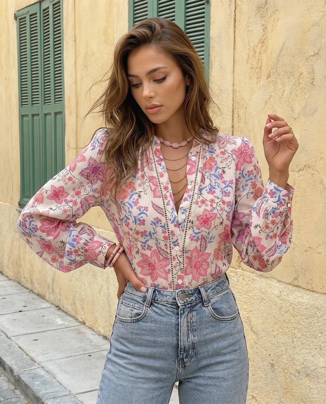 SOLACE  Floral Print Stand Collar Long Sleeve Button Down Blouse 