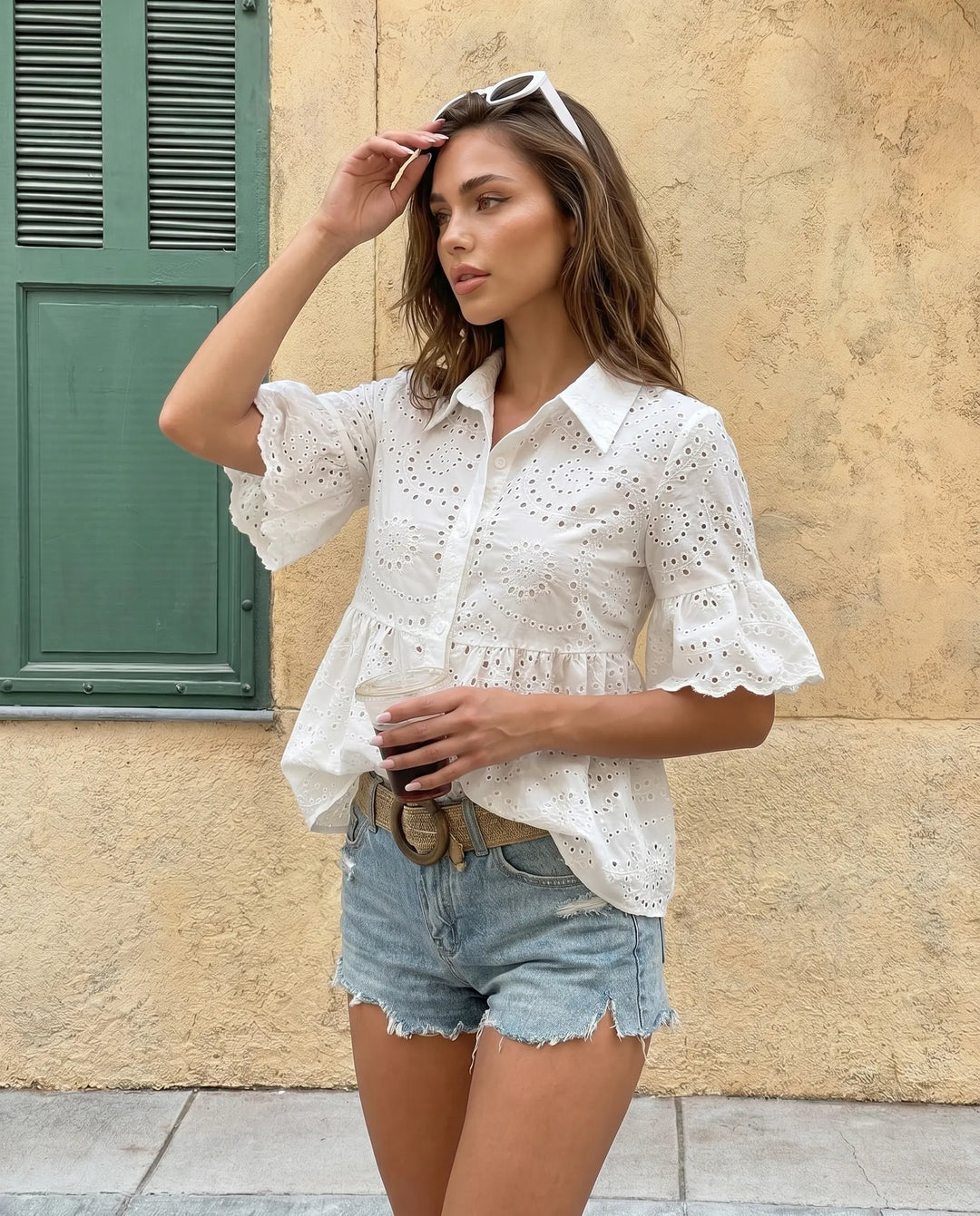 SOLACE  White Eyelet Embroidery Flare Sleeve Peplum Blouse 