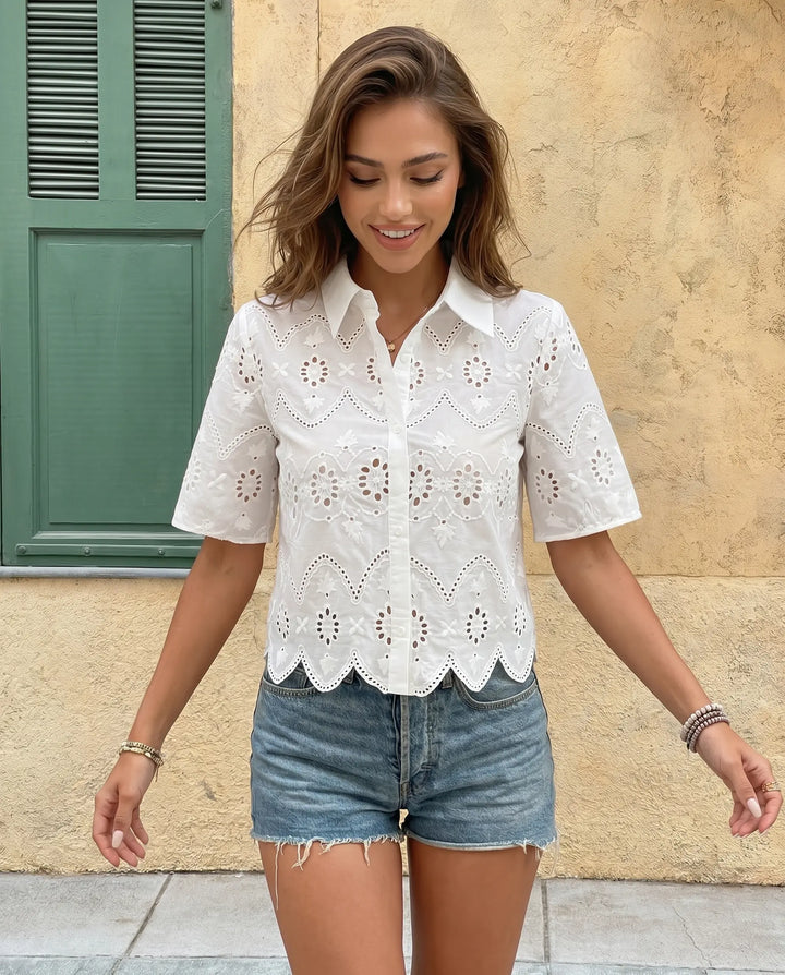 SOLACE  White Eyelet Embroidered Short Sleeve Button Down Blouse 