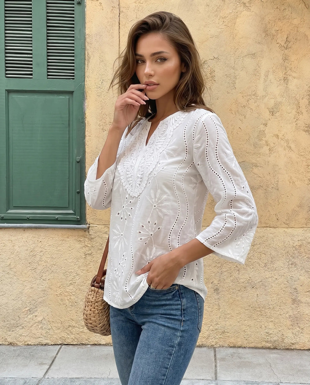 SOLACE  White Floral Embroidered V-Neck Flare Sleeve Blouse 