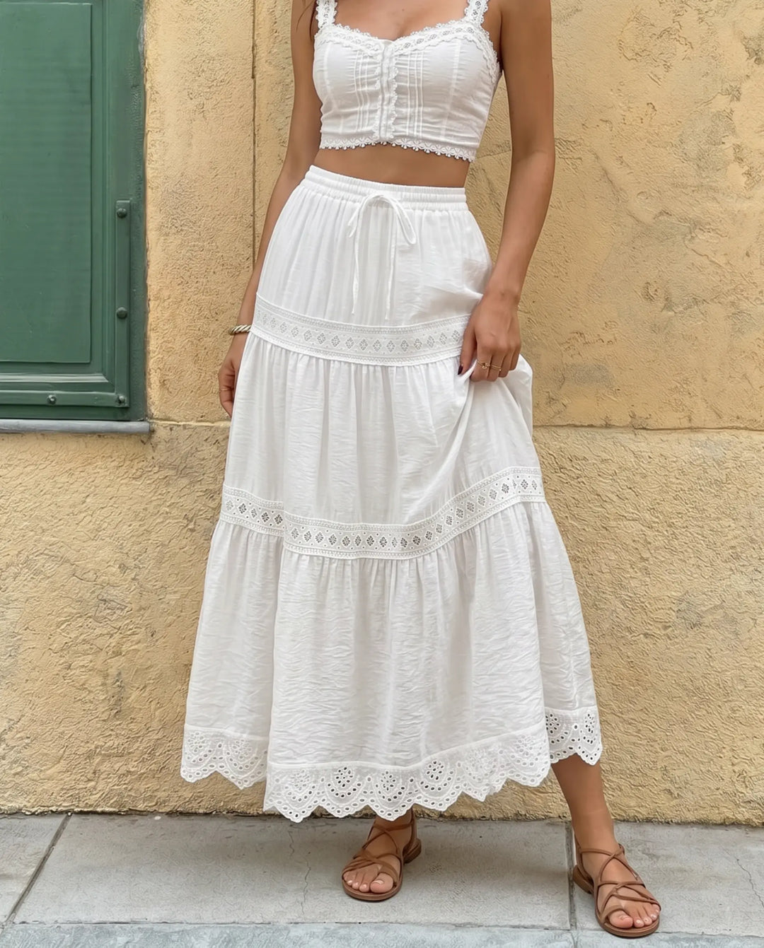 SOLACE  White Lace Trim Tiered Drawstring Waist Maxi Skirt 