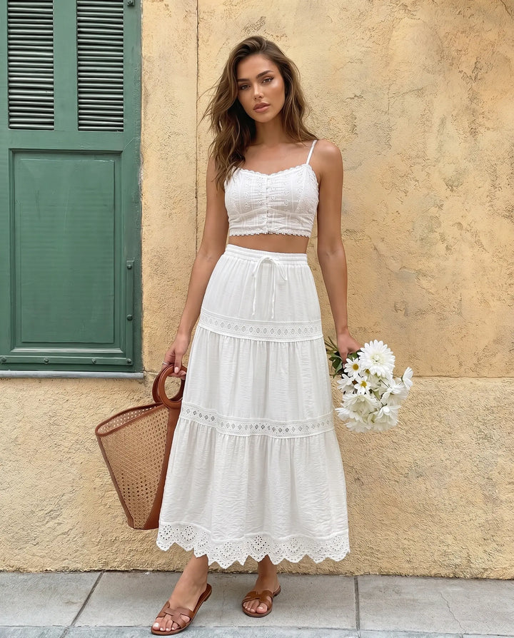 SOLACE  White Lace Trim Tiered Drawstring Waist Maxi Skirt 