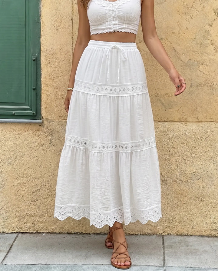 SOLACE  White Lace Trim Tiered Drawstring Waist Maxi Skirt 