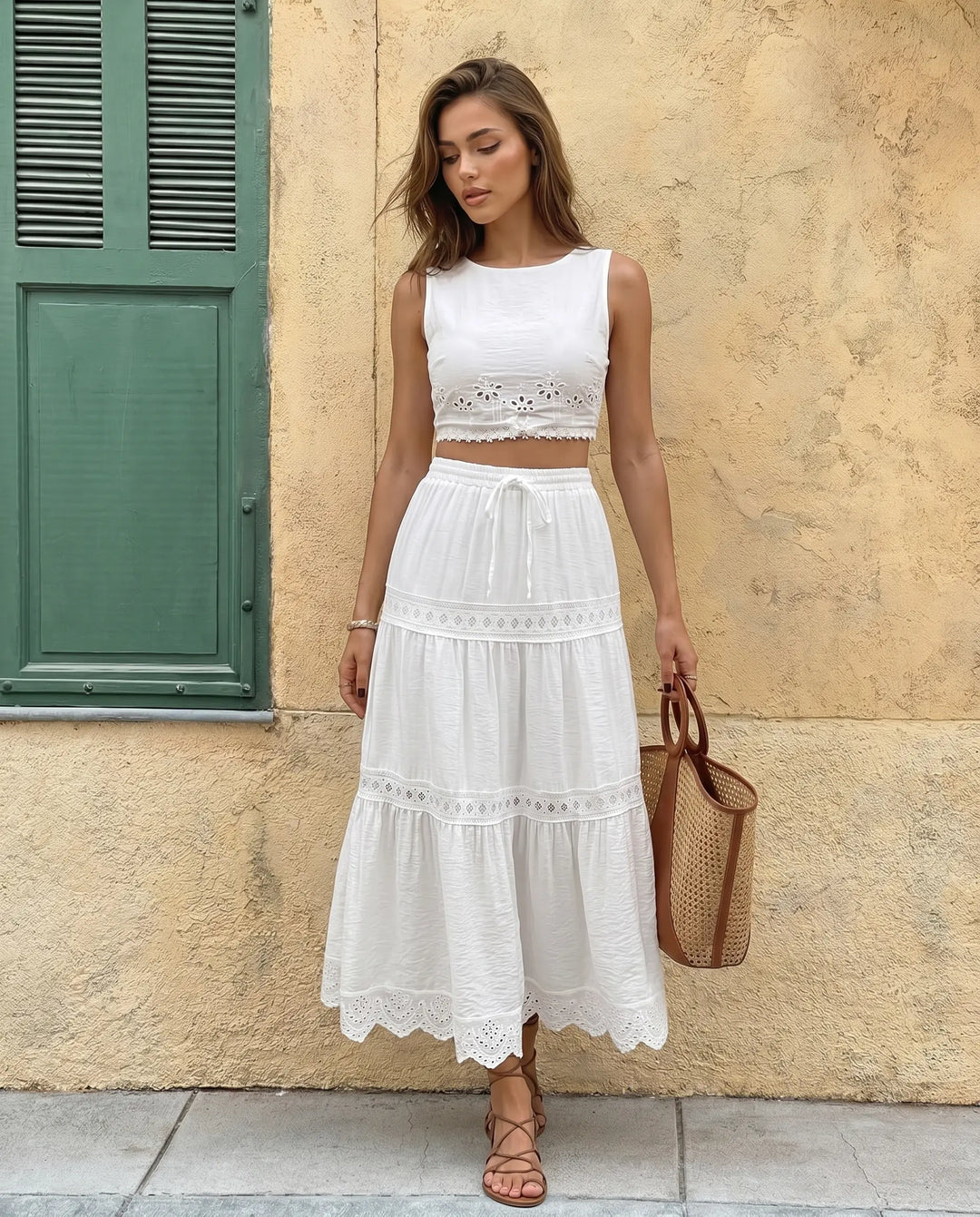SOLACE  White Lace Trim Tiered Drawstring Waist Maxi Skirt 