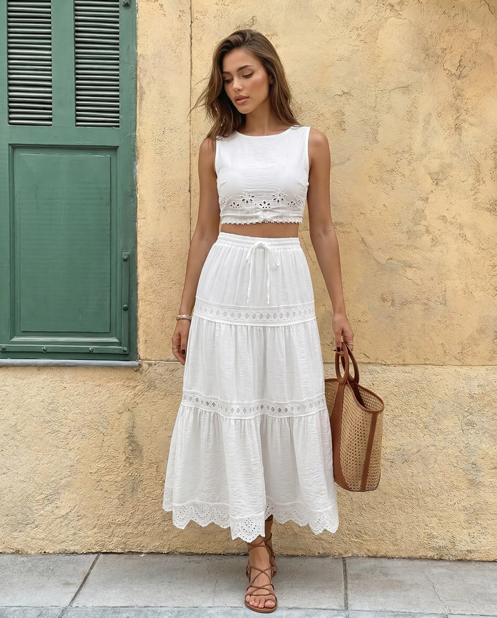 SOLACE  White Lace Trim Tiered Drawstring Waist Maxi Skirt 