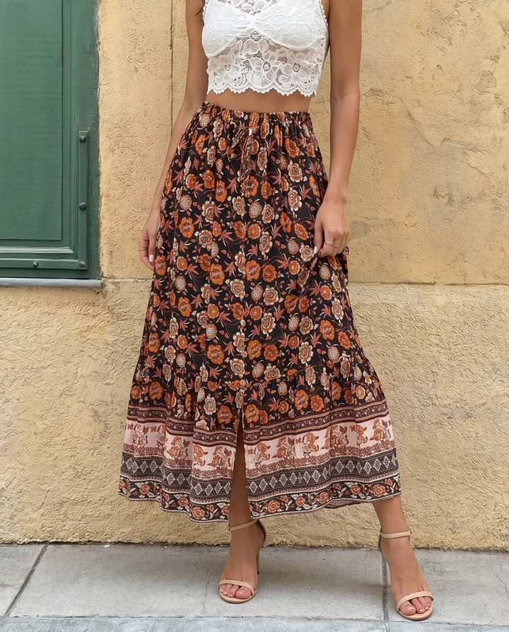 SOLACE  Floral Print Drawstring Waist Split Hem A-Line Maxi Skirt 