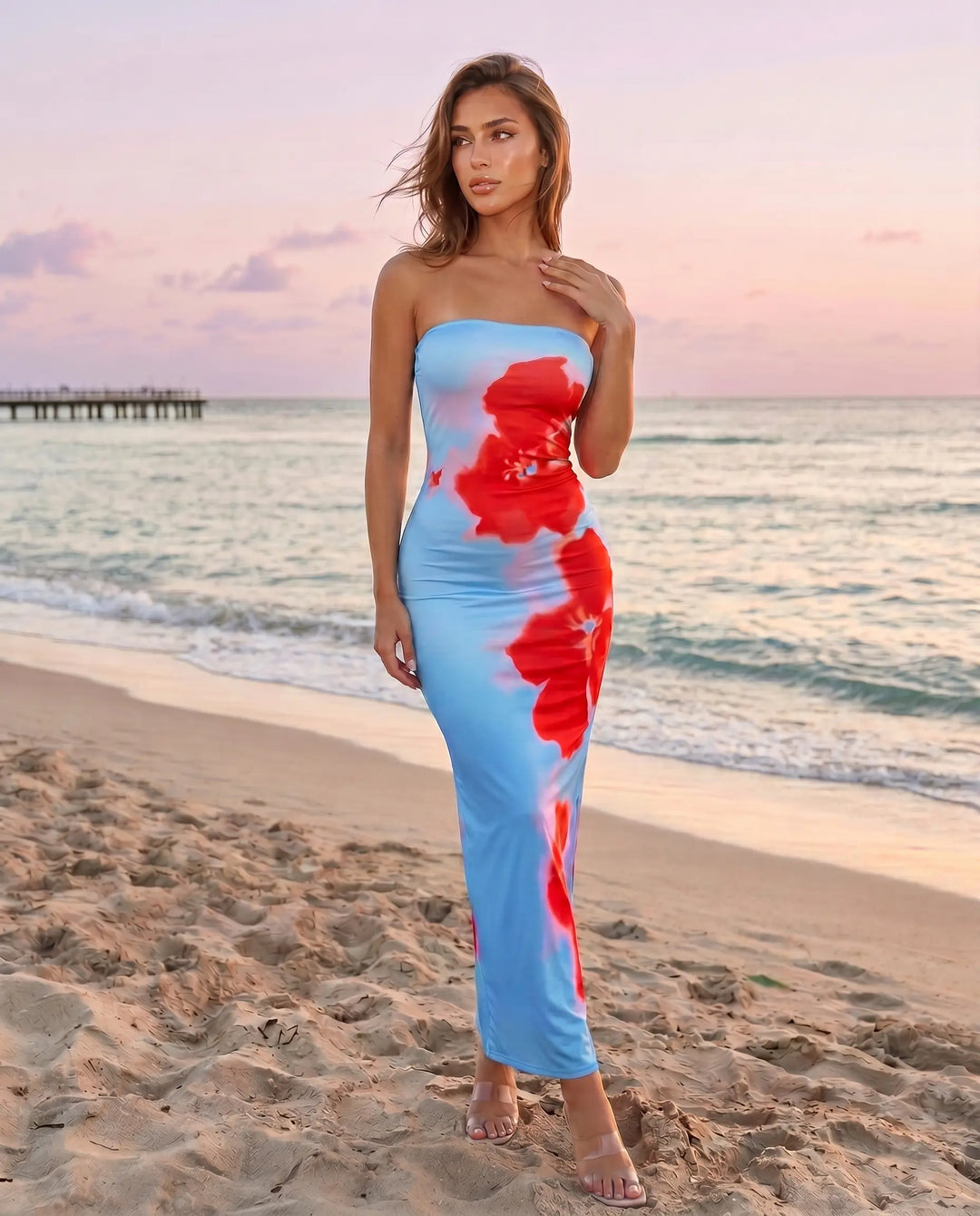 SOLACE  Light Blue Strapless Red Floral Print Maxi Dress 