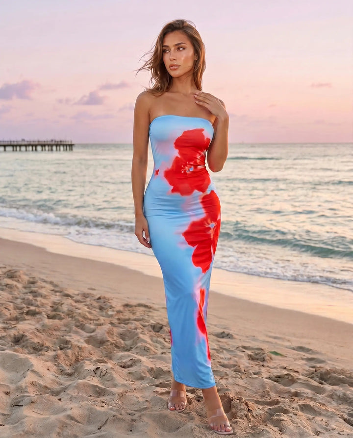 SOLACE  Light Blue Strapless Red Floral Print Maxi Dress 
