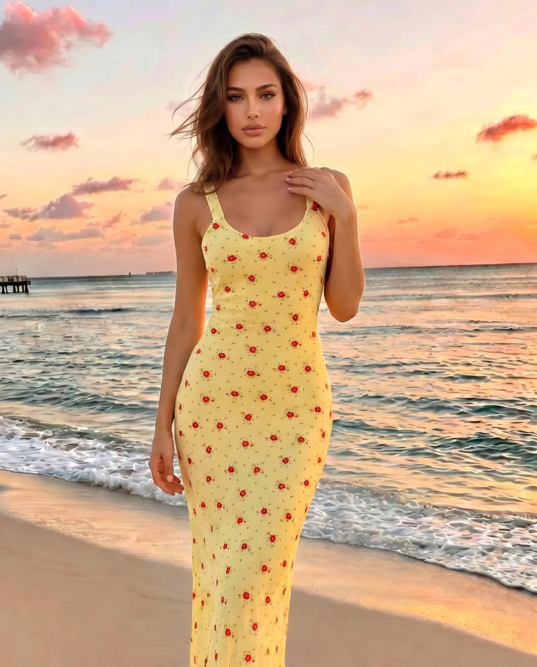 SOLACE  Yellow Floral Print Sleeveless Maxi Dress 