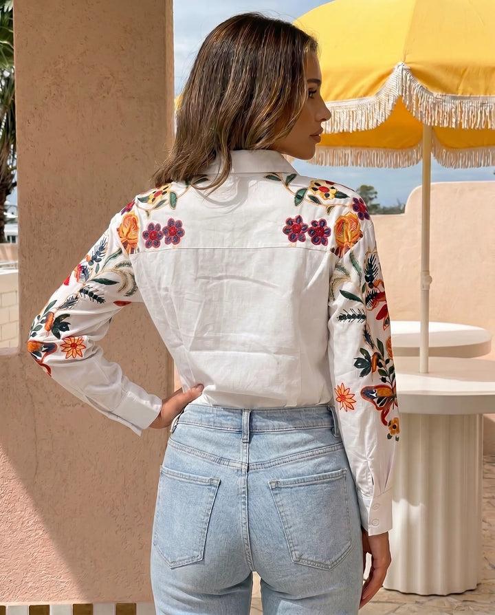 SOLACE  Floral Embroidered Long Sleeve Loose Fit Button Down Blouse 