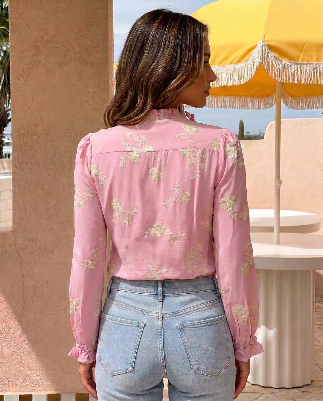 SOLACE  Pink Floral Embroidered Ruffle Collar Long Sleeve Blouse 