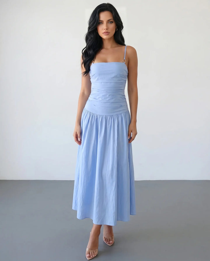 SOLACE  Light Blue Ruched Spaghetti Strap Midi Dress 
