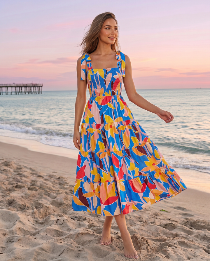 SOLACE  Blue Abstract Floral Print Tiered Midi Dress 