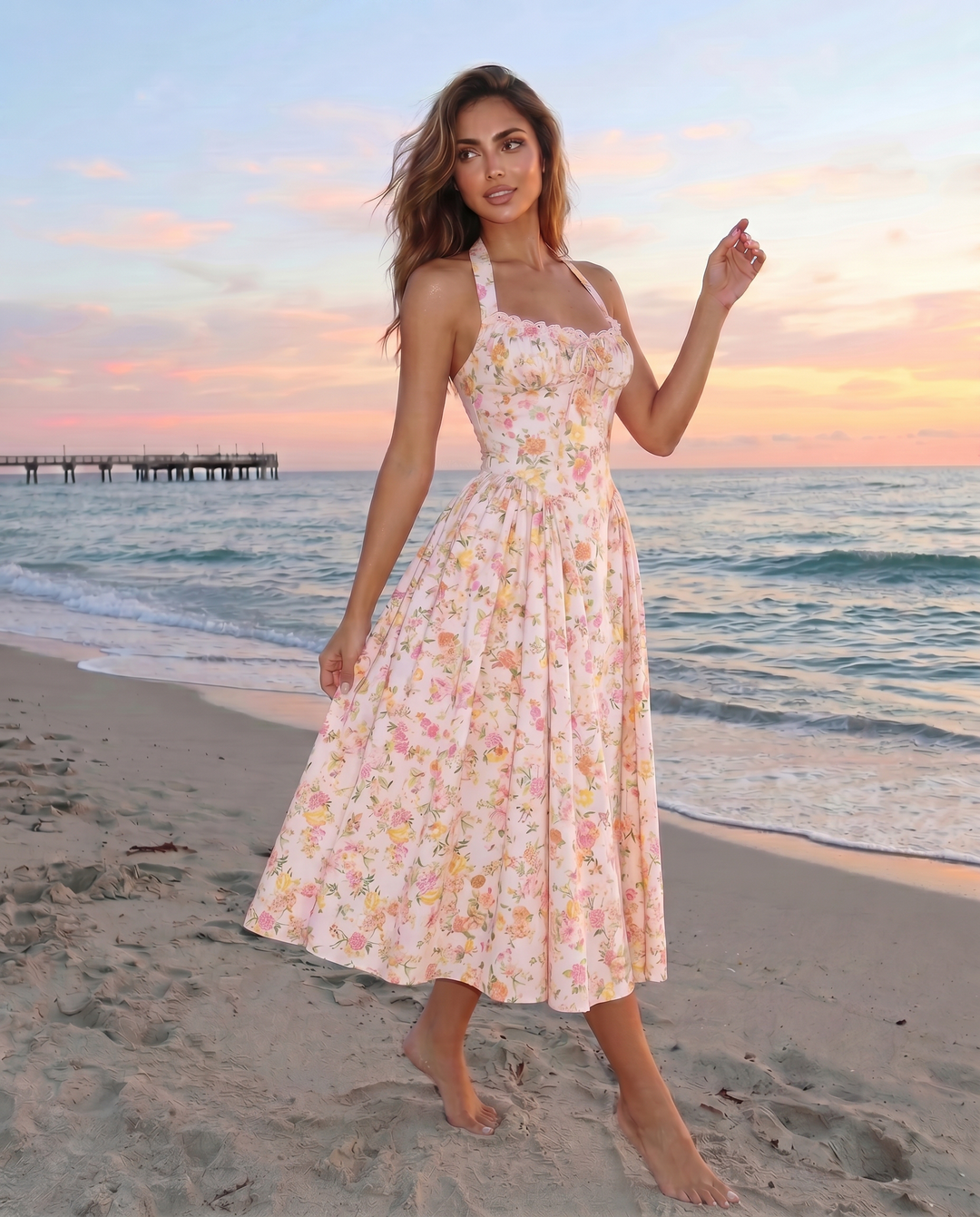 SOLACE  Pink Floral Print Halter Neck Corset Midi Dress 