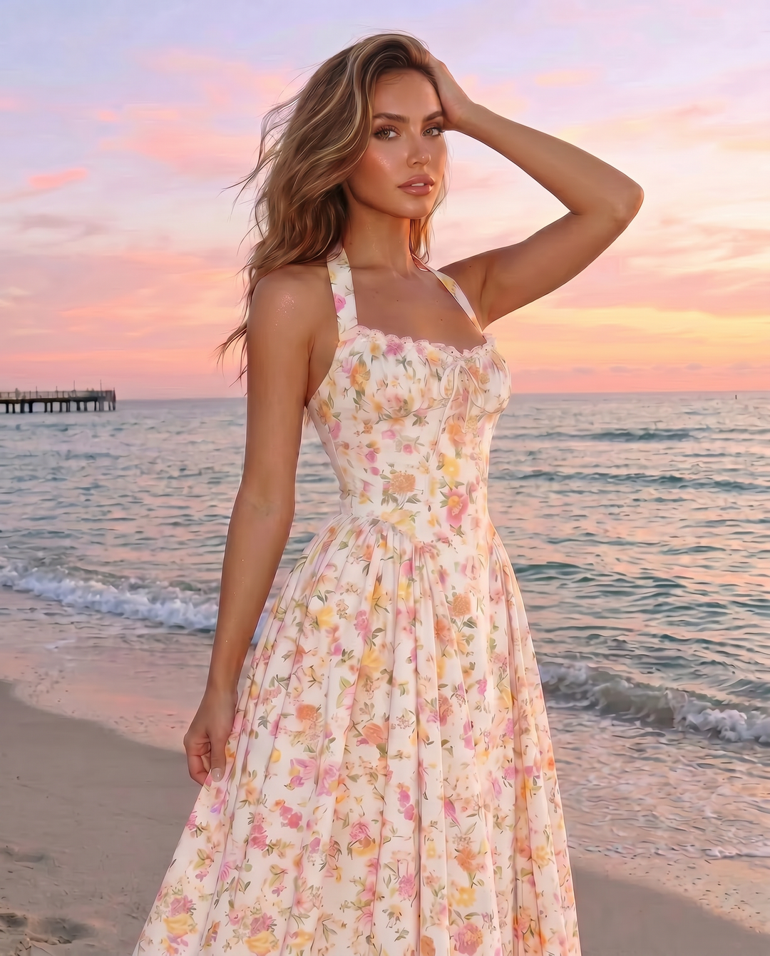 SOLACE  Pink Floral Print Halter Neck Corset Midi Dress 