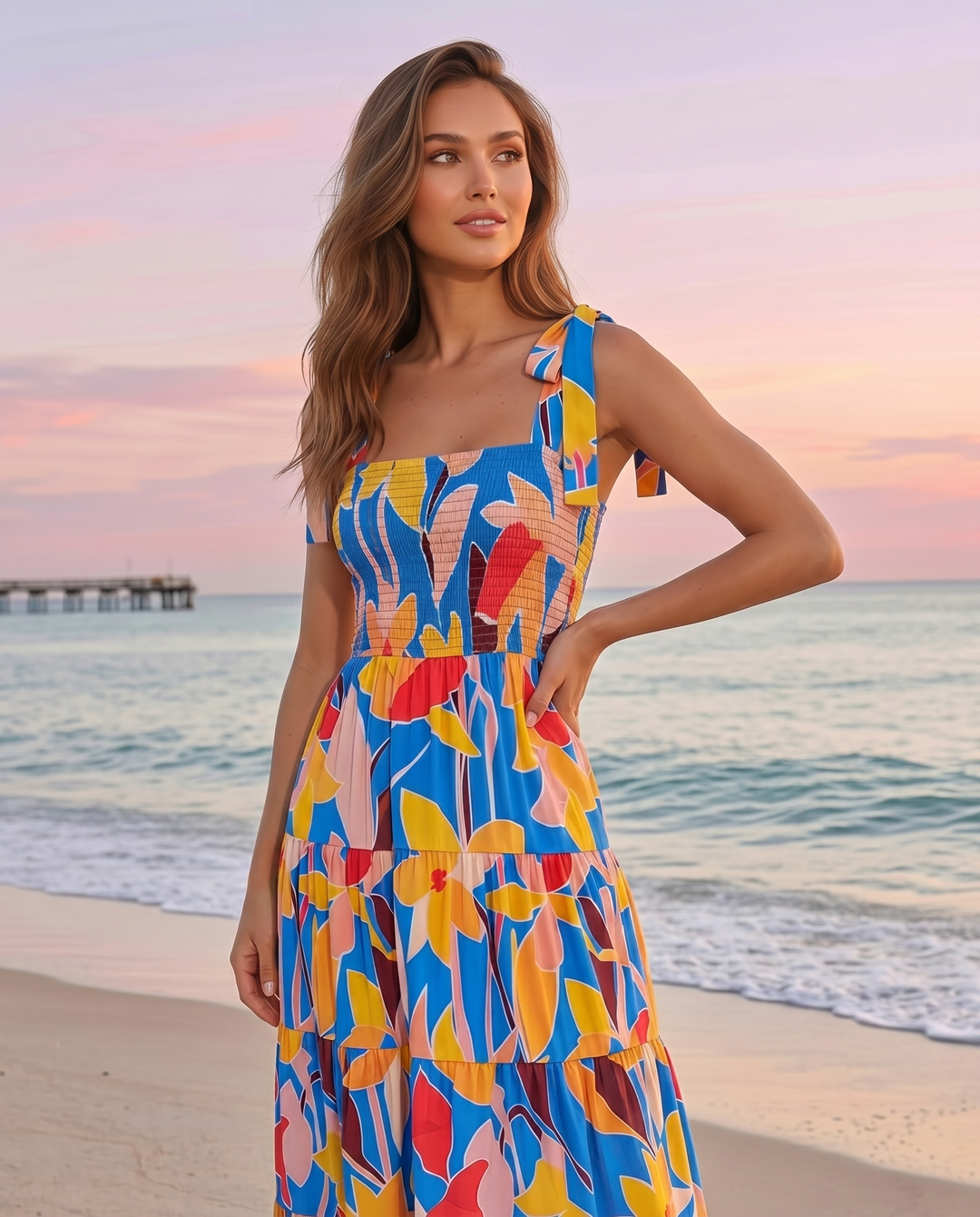 SOLACE  Blue Abstract Floral Print Tiered Midi Dress 