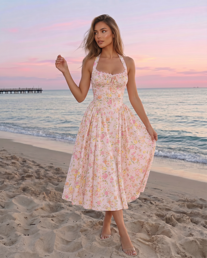 SOLACE  Pink Floral Print Halter Neck Corset Midi Dress 