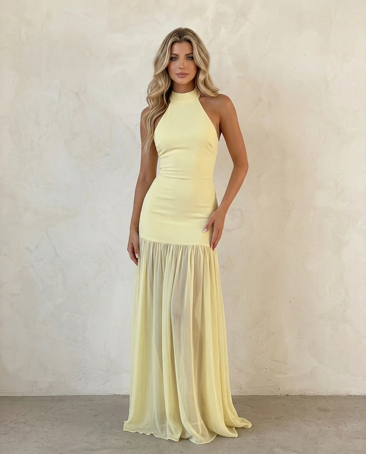 SOLACE  Yellow Halter Neck Backless Chiffon Ruffle Hem Splicing Maxi Dress 