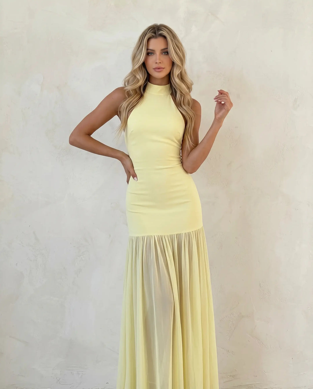 SOLACE  Yellow Halter Neck Backless Chiffon Ruffle Hem Splicing Maxi Dress 