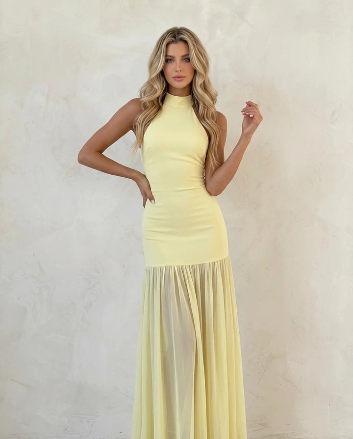 SOLACE  Yellow Halter Neck Backless Chiffon Ruffle Hem Splicing Maxi Dress 