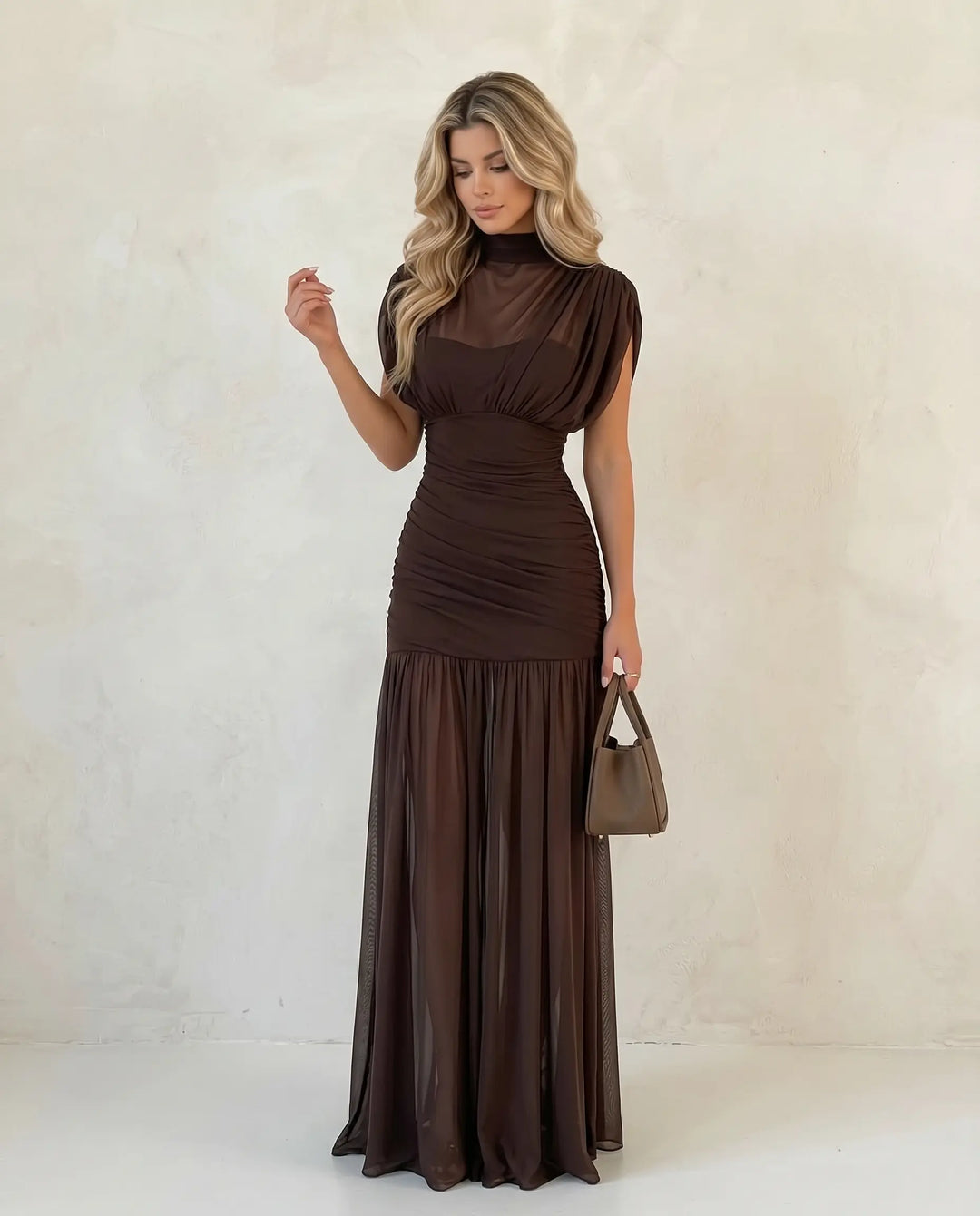 SOLACE  Brown Mesh Ruched High Neck Maxi Dress 