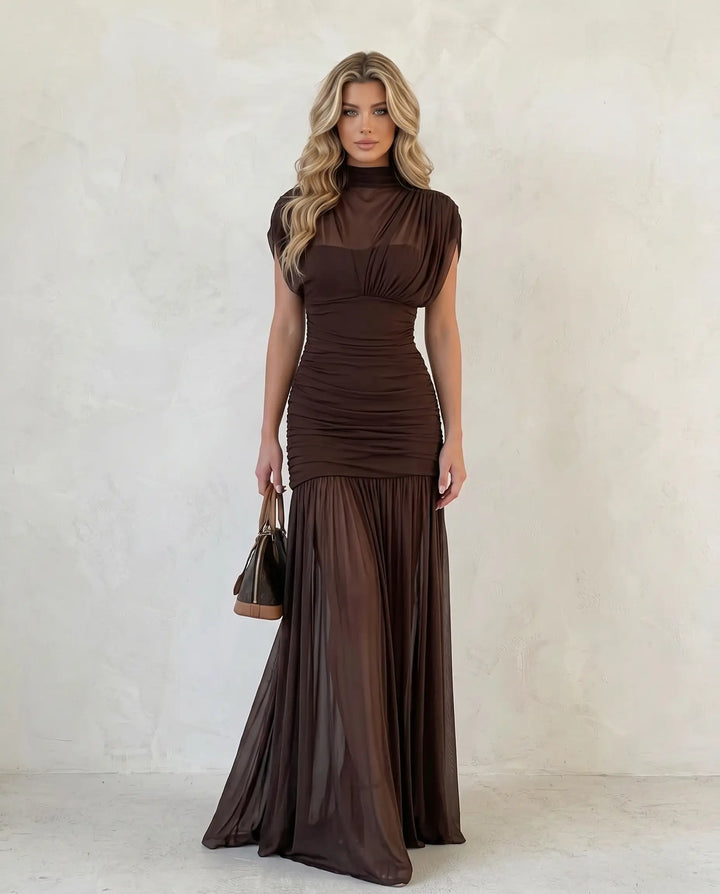 SOLACE  Brown Mesh Ruched High Neck Maxi Dress 