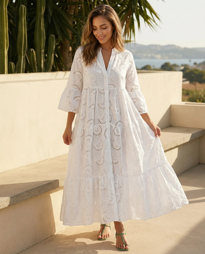 SOLACE  White Eyelet Embroidered Tiered Maxi Dress 