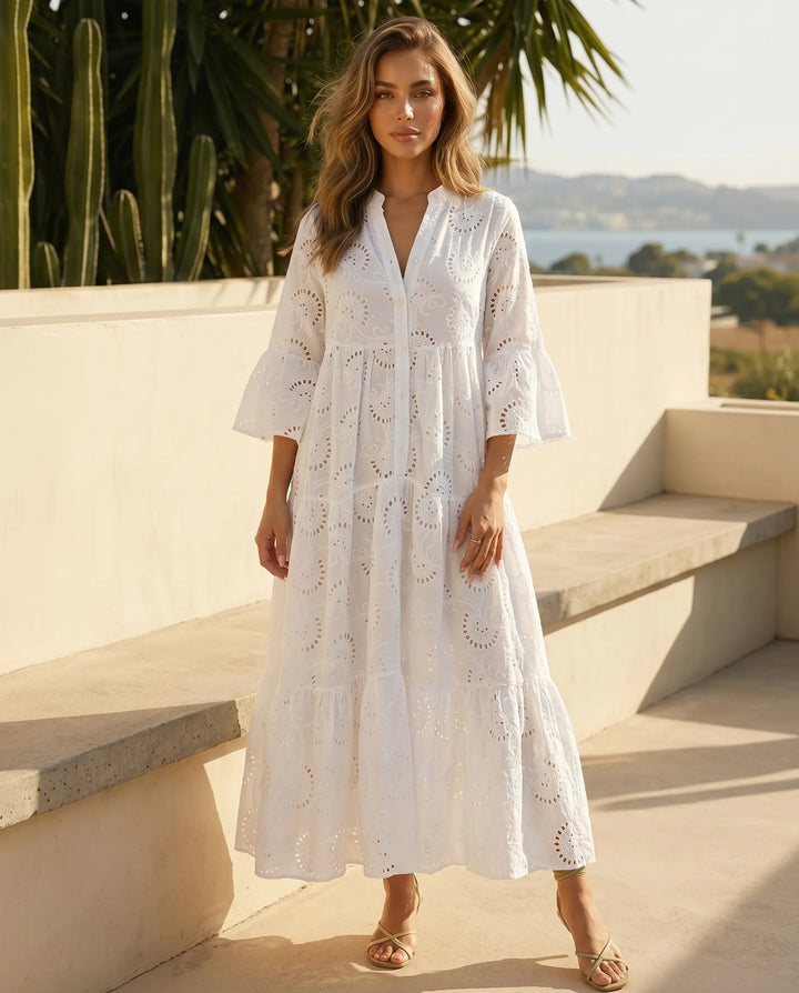 SOLACE  White Eyelet Embroidered Tiered Maxi Dress 