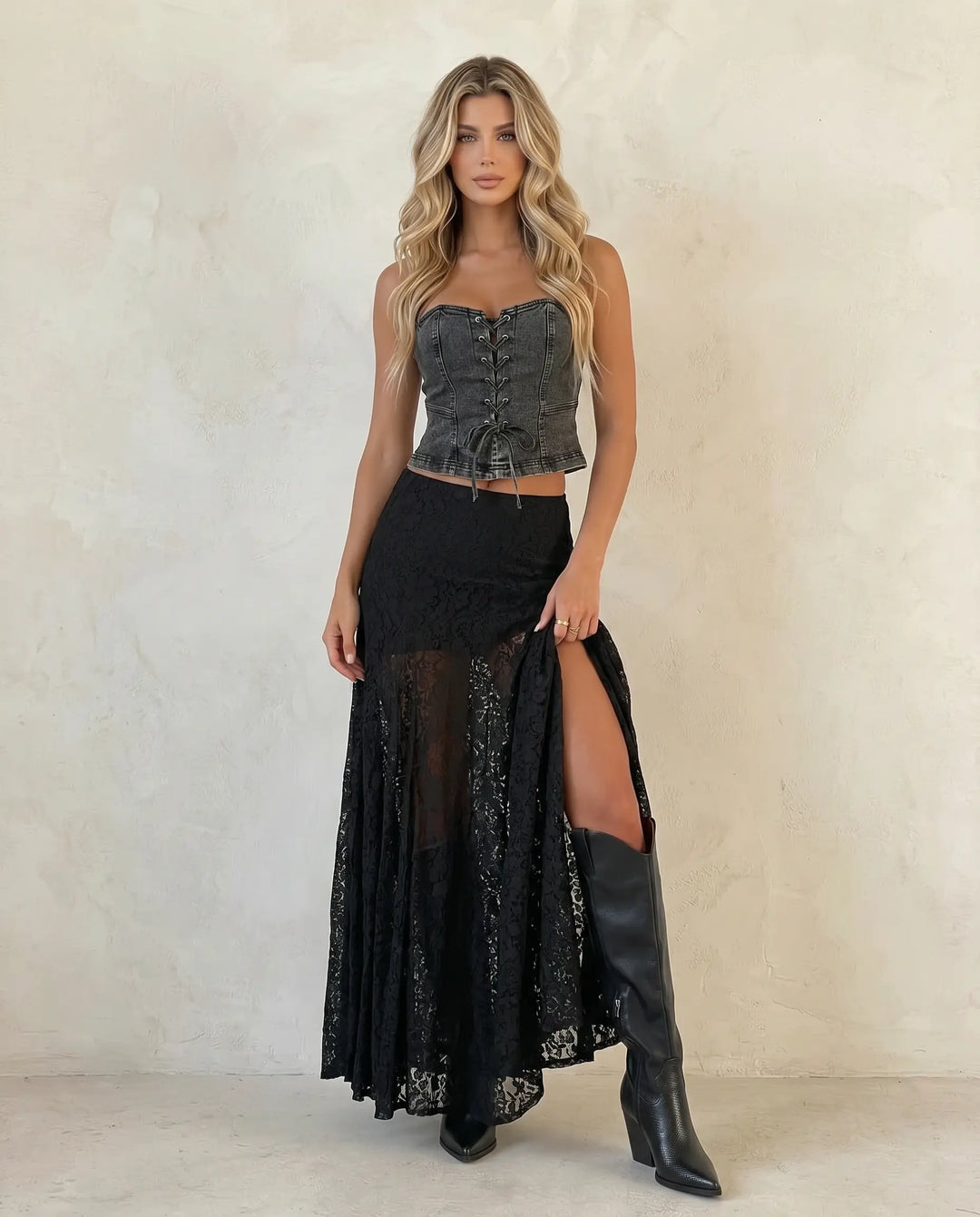 SOLACE  Black Lace High Waist Flared Maxi Skirt 