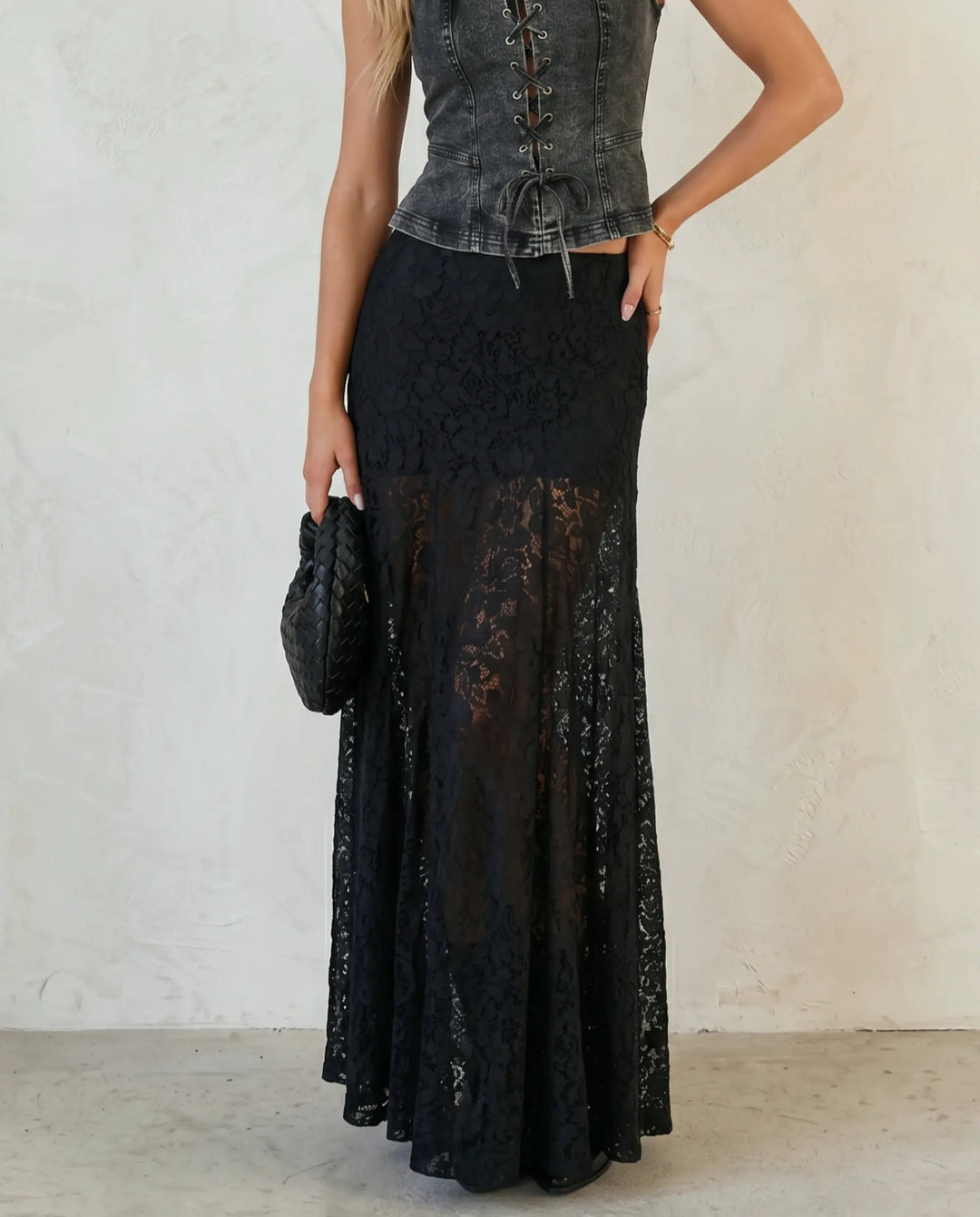 SOLACE  Black Lace High Waist Flared Maxi Skirt 