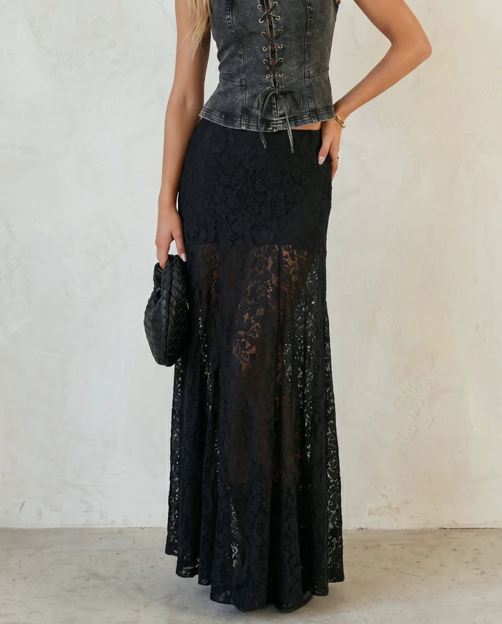 SOLACE  Black Lace High Waist Flared Maxi Skirt 