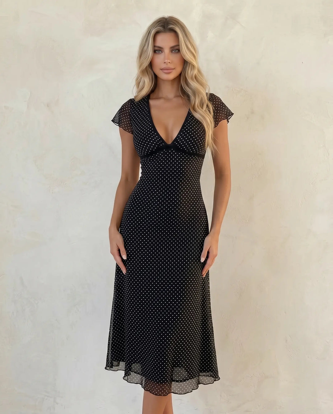 SOLACE  Black Polka Dot Short Sleeve V Neck Midi Dress 