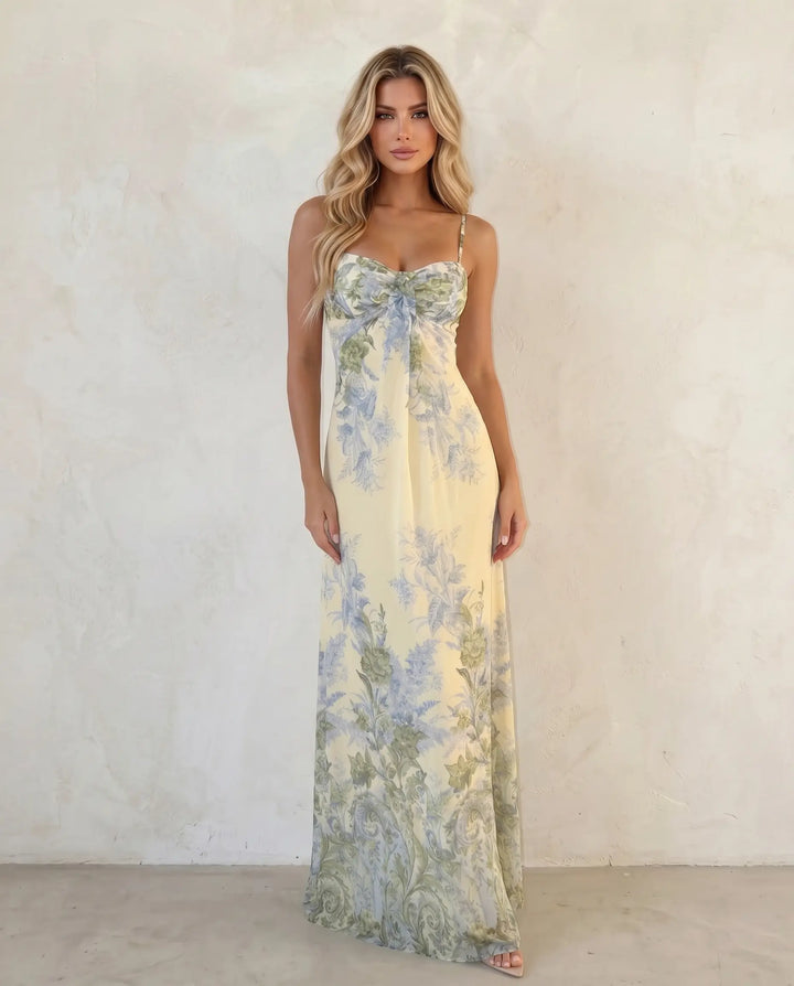 SOLACE  Yellow Floral Print Chiffon Maxi Dress 