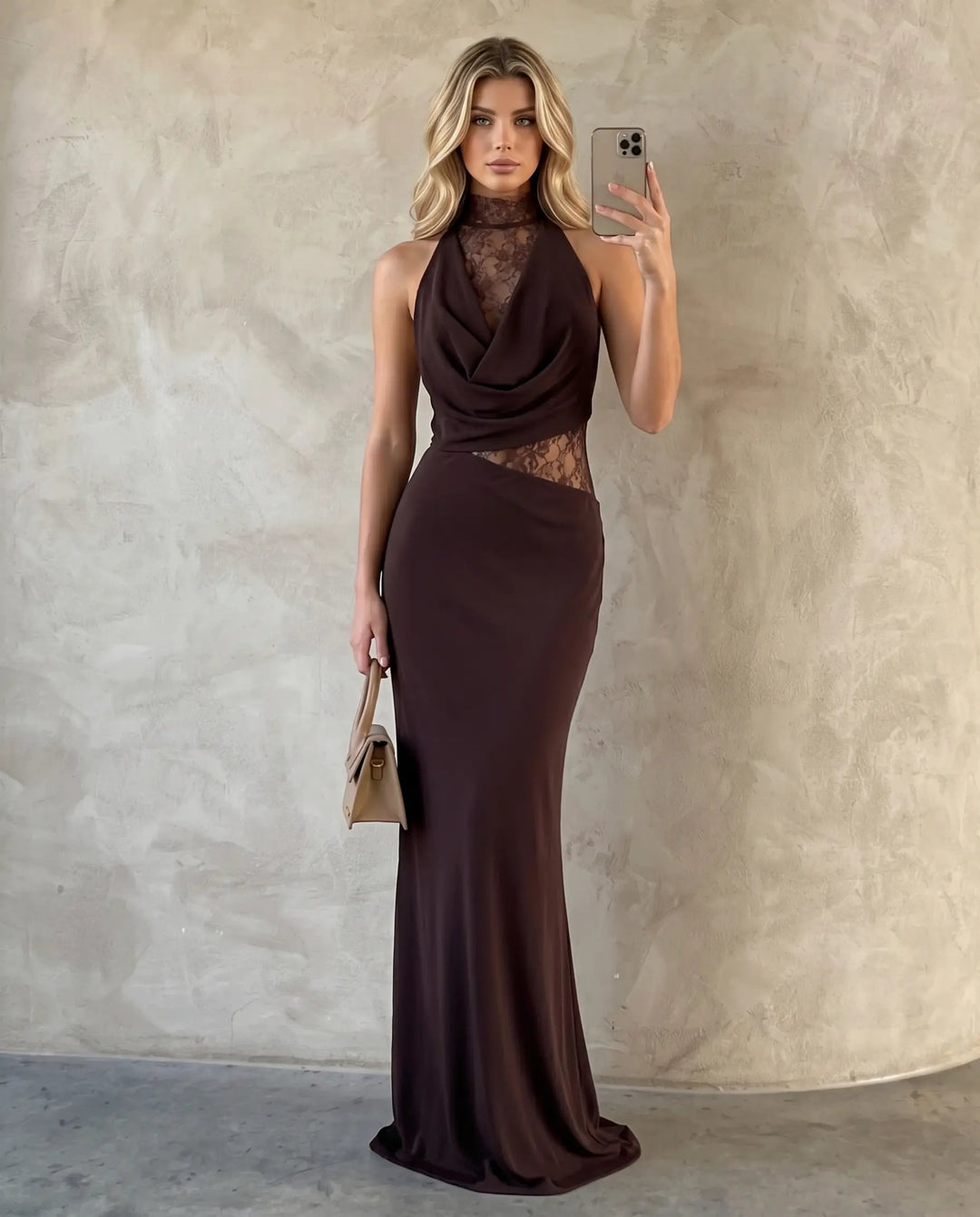 SOLACE  Brown Lace Halter Neck Bodycon Mermaid Maxi Dress 