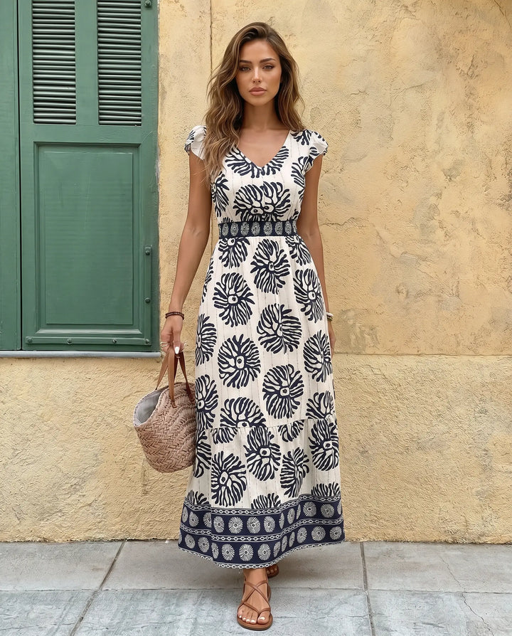 SOLACE  Blue Floral Print V-Neck Ruffle Sleeve Tiered Maxi Dress 