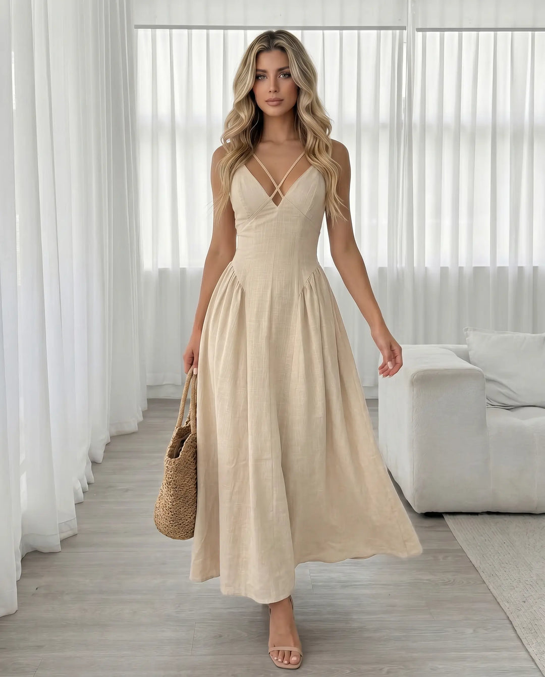 SOLACE  Beige Cross Strap V Neck Maxi Dress 