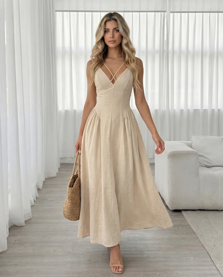 SOLACE  Beige Cross Strap V Neck Maxi Dress 