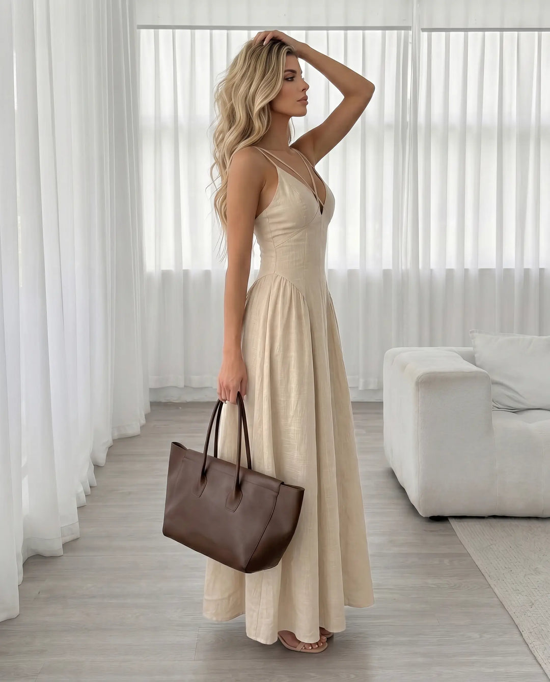 SOLACE  Beige Cross Strap V Neck Maxi Dress 