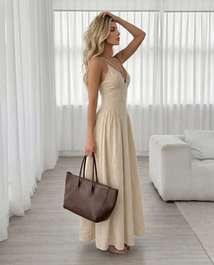 SOLACE  Beige Cross Strap V Neck Maxi Dress 